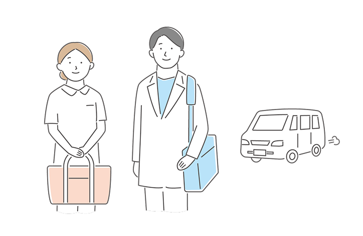 患者様と医師と訪問車のイラスト